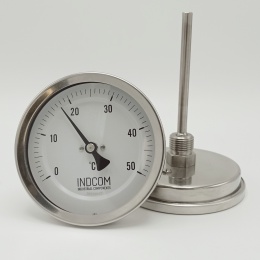 All-stainless bimetallic thermometer with 100 mm immersion shaft, threaded G1/2" BSP