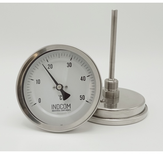 All-stainless bimetallic thermometer with 100 mm immersion shaft, threaded G1/2" BSP