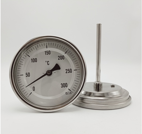 All-stainless steel bimetal thermometer with immersion shaft in well 100 mm