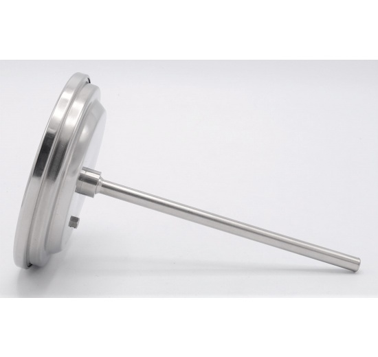 All-stainless steel bimetal thermometer with immersion shaft in well
