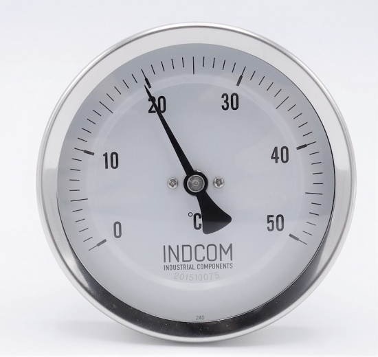 All-stainless steel bimetal thermometer with immersion shaft, threaded, angle connection | 0-50 ℃ (1/2”) 100 mm