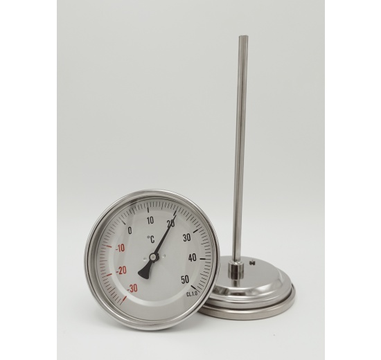 All-stainless steel bimetal thermometer with immersion shaft in well 200 mm