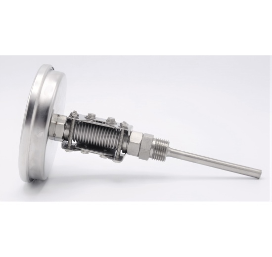 All-stainless steel bimetal thermometer with immersion shaft, threaded, angle connection
