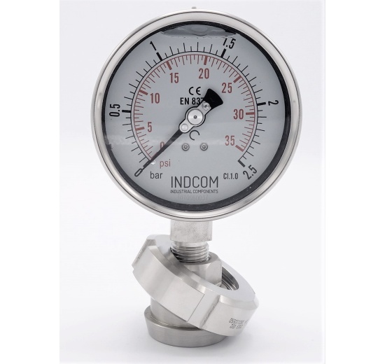 Stainless steel manometer with separating membrane, union DIN 11851, dial 100 mm, Nut DN32 0-2,5 bar