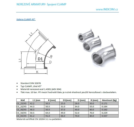 Elbow Clamp 45°| DN25 (28x1,5mm, Clamp Collar 50,5mm)