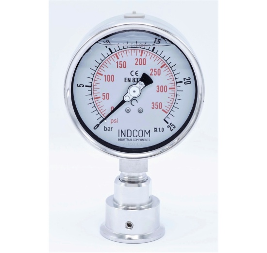 Stainless Steel Pressure Gauge, Dial 100 mm, With Separating Diaphragm CLAMP DIN32676 (50.5 mm) 0-25 bar