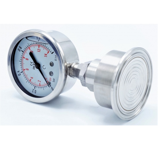 celonerezový manometr s oddělovací membránou, 0-1 bar, clamp připojení