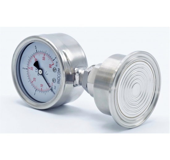 celonerezový manometr s oddělovací membránou, 0-4 bar, číselník 63 mm, límeček 64 mm, clamp připojení