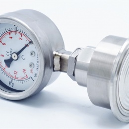 celonerezový manometr s oddělovací membránou, -1 až 0 barů, číselník 63 mm, límeček 64 mm, clamp připojení