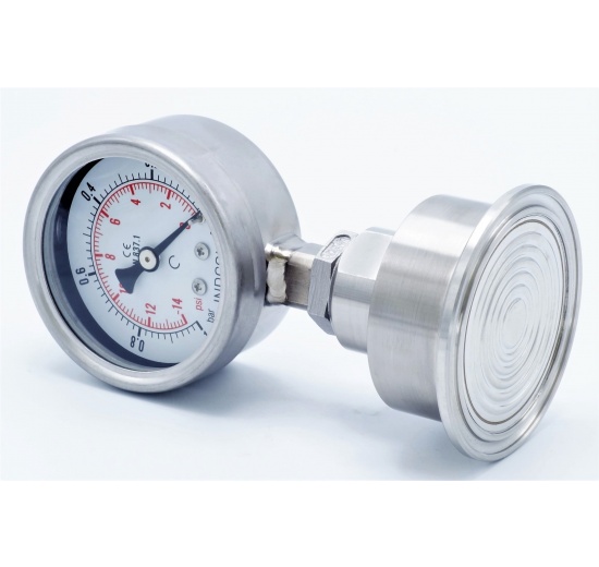 celonerezový manometr s oddělovací membránou, -1 až 0 barů, číselník 63 mm, límeček 64 mm, clamp připojení