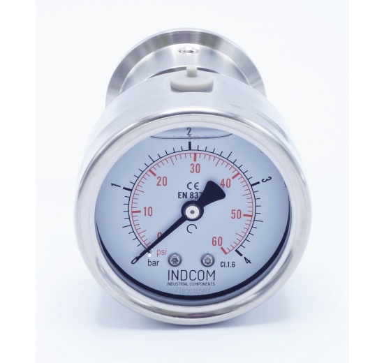 celonerezový tlakoměr, číselník 63 mm (zadní připojení), s oddělovací membránou clamp 50.5 mm, 0-4 bar