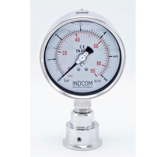 celonerezový tlakoměr s clamp oddělovací membránou (límeček 50,5 mm), číselník 100 mm, 0-6 bar