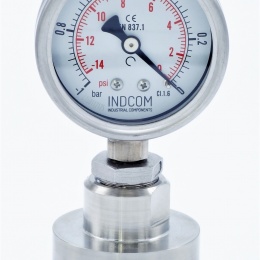 celonerezový tlakoměr s oddělovací membránou, číselník 63 mm, clamp, límeček 64 mm, -1 až 0 barů