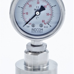 celonerezový tlakoměr s oddělovací membránou, číselník 63 mm, clamp, límeček 64 mm, 0-4 bar