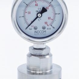 celonerezový tlakoměr s oddělovací membránou, číselník 63 mm, clamp, límeček 64 mm, 0-6 bar