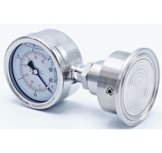 celonerezový tlakoměr s oddělovací membránou, číselník 63 mm, clamp, límeček 64 mm, 0-2.5 bar