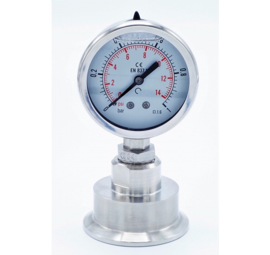 celonerezový tlakoměr s oddělovací membránou, číselník 63 mm, clamp límeček 64 mm, 0-1 bar