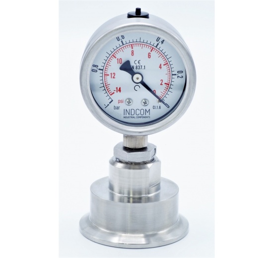 celonerezový tlakoměr s oddělovací membránou, číselník 63 mm, clamp, límeček 64 mm, -1 až 0 barů