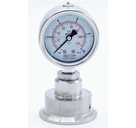 celonerezový tlakoměr s oddělovací membránou, číselník 63 mm, clamp, límeček 64 mm, 0-10 bar