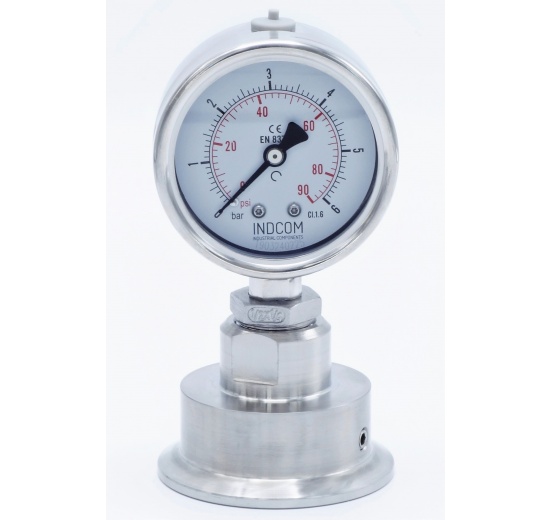 celonerezový tlakoměr s oddělovací membránou, číselník 63 mm, clamp, límeček 64 mm, 0-6 bar