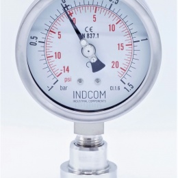 celonerezový tlakoměr s oddělovací membránou clamp (límeček 50,5 mm), číselník 100 mm, -1 až 1,5 bar