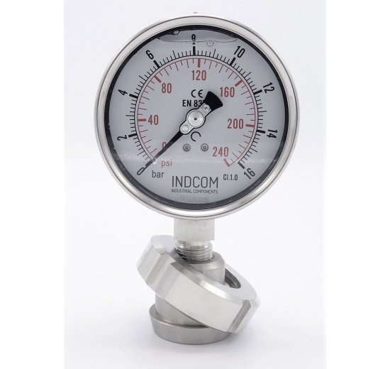 Stainless steel manometer, dial 100 mm, with separating membrane-CLAMP DIN 32676, collar 64 mm 0-16 bar