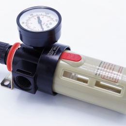 Compressed air treatment,  Filter with pressure reducing valve and a protective basket, G 1/2", up to 10 bar