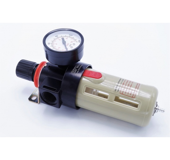 Compressed air treatment,  Filter with pressure reducing valve and a protective basket, G 1/2", up to 10 bar