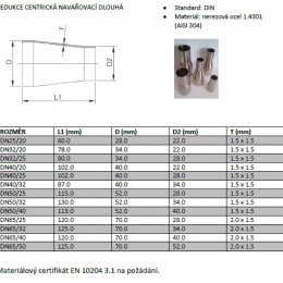 Concentric reducer, welding, long DN 40/32, stainless steel fittings