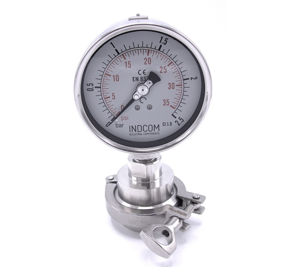 Stainless Steel Pressure Gauge, Dial 100 mm, Sanitary Diaphragm CLAMP DIN 32676 (64 mm) | 0-2,5 bar