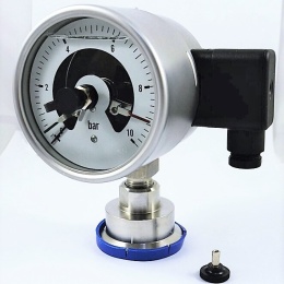 Stainless steel manometer with electrical contacts and separating membrane-clamp, dial 100 mm 0-10 bar, (DIN clamp-64 mm)