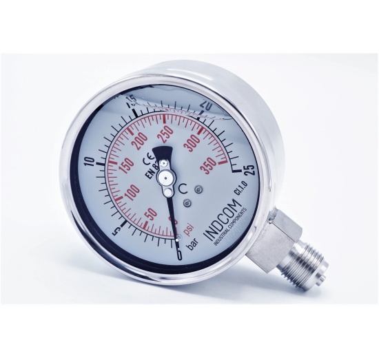 celonerezový tlakoměr se spodním připojením, 0 - 25 bar, BSP 1/4", číselník 63 mm