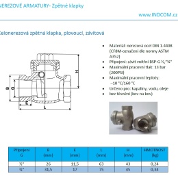 data sheet Stainless steel check valve, floating, threaded 1 1/2"