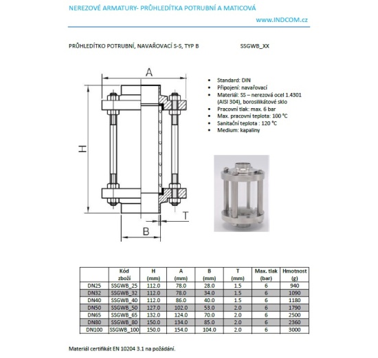 data sheet Straight sight glass, welded S-S, type B DN32 (34x1.5mm)