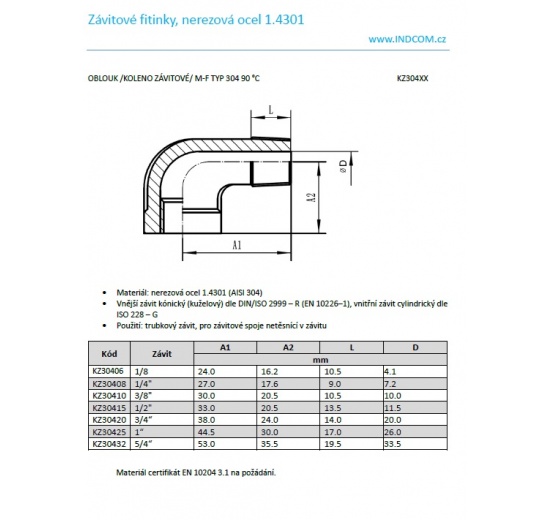 datasheet k závitovému kolenu 3/4"