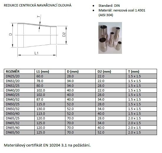 Diameters of reduction welded, concentric DIN DN 25/20