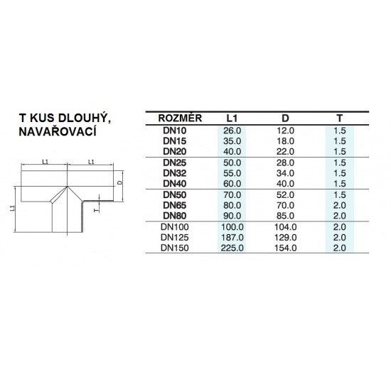 Diameters of T-piece, Long, Welded DN40, stainless steel