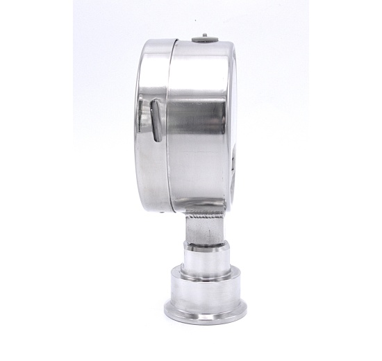 Stainless steel manometer, dial 100 mm, with a sanitary diaphragm CLAMP DIN32676 - collar 50.5 mm