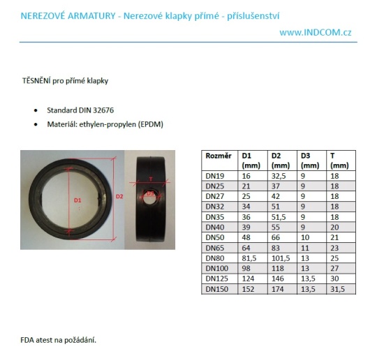 Přímé klapky těsnění EPDM-rozměry
