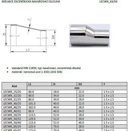 Eccentric reducer, welded, long, stainless steel