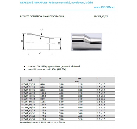 Eccentric reducer, welded, long, stainless steel