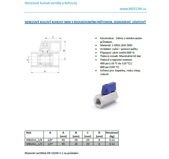 MINI Stainless Steel Ball Valve With Reduced Flow, One-piece, Threaded 1/8”