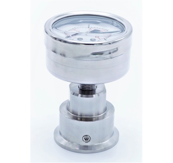 celonerezový tlakoměr s oddělovací membránou clamp (límeček 50,5 mm), číselník 63 mm, zadní připojení, rozsah měření 0-4 bar