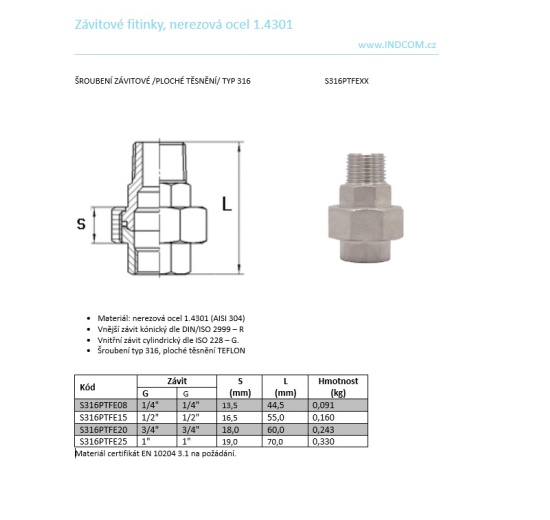 Stainless Steel Union Thread, / flat seal / type 316