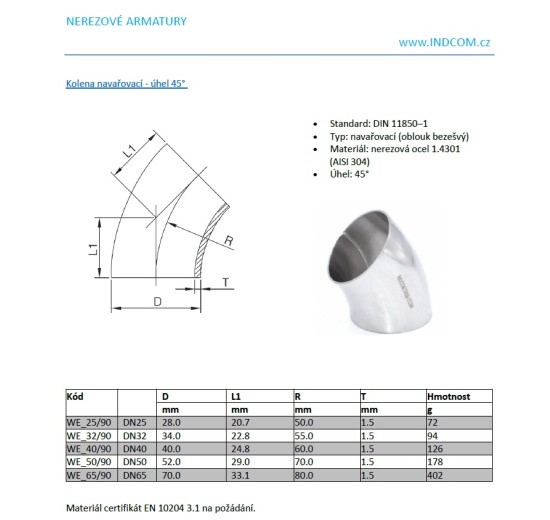 Koleno navařovací 45°| DN65 (70x2mm)