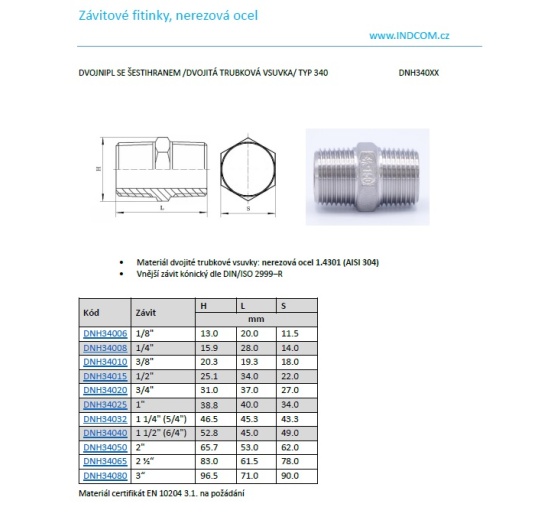 Barrel Nipple (Double Nipple) With Hexagon / DIN / ISO 2999, type 340