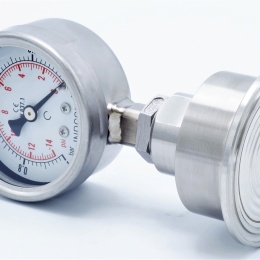 celonerezový manometr s oddělovací membránou, -1 až 0 barů, číselník 63 mm, límeček 64 mm, clamp připojení