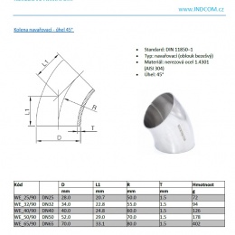 Koleno navařovací 45°| DN40 (40x1,5mm) nerez