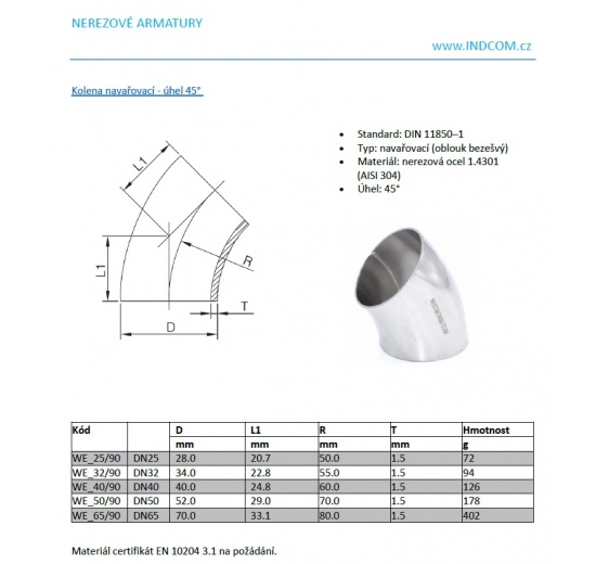Koleno navařovací 45°| DN65 (70x2mm)
