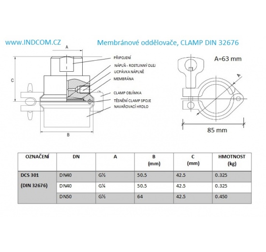 Membrane separator, CLAMP DIN 32676, collar 50.5 mm, internal thread 1/2"
